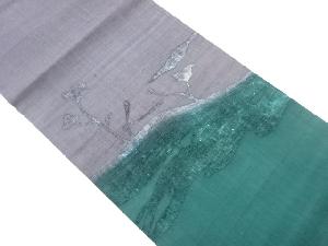 手織り紬抽象風景に草花模様開き名古屋帯（額縁仕立て）